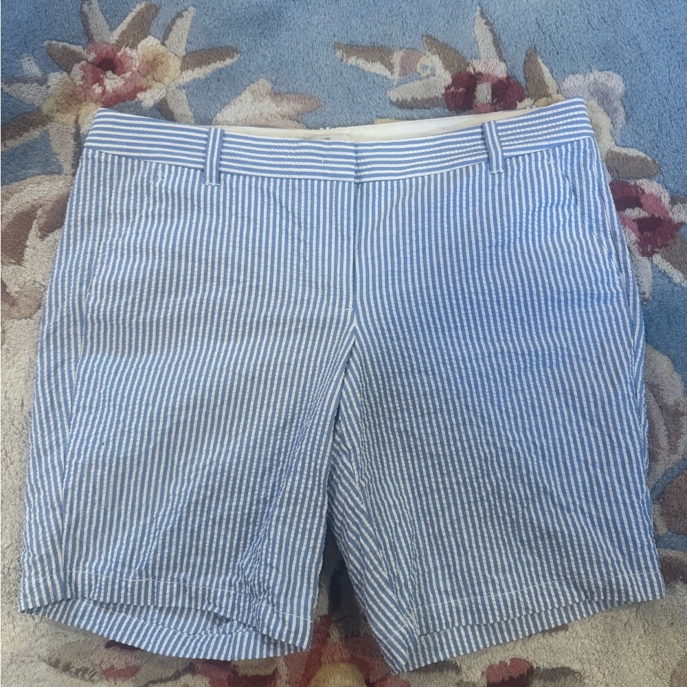 J. Crew Bermuda Shorts Seersucker Blue White Striped Women's